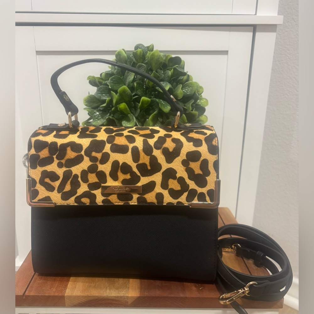 Dune London Leopard and Black Top Handle Handbag with crossbody strap